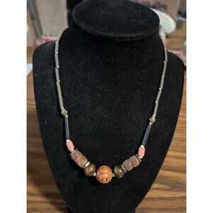 Wood beaded and wire necklace vintage
